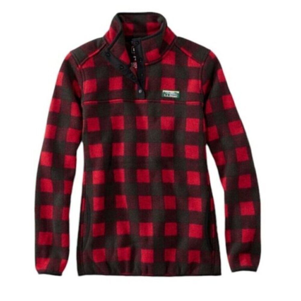 L.L.Bean Women's Sweater Fleece Buffalo Plaid Snap Pullover medium red black